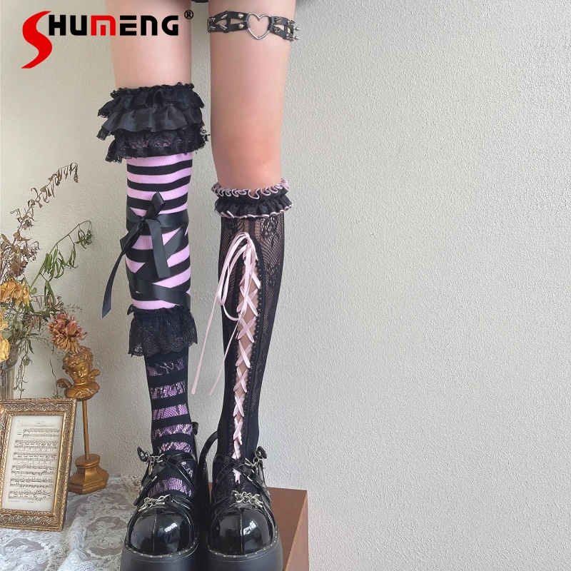 New Gothic Dark Pink And Black Striped Lace Trim Tights Girl's Mid-Calf Over-the-Knee Thigh-High Socks For Women's Y2k Stockings