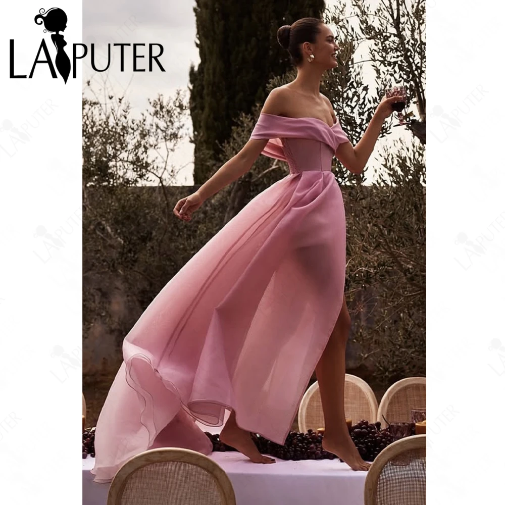 

Fairy Dusty Pink Light Prom Dress Off the shoulder Soft Mauve Organza Evening Gown Simple A line Cute Girl Party Celebrity Dress