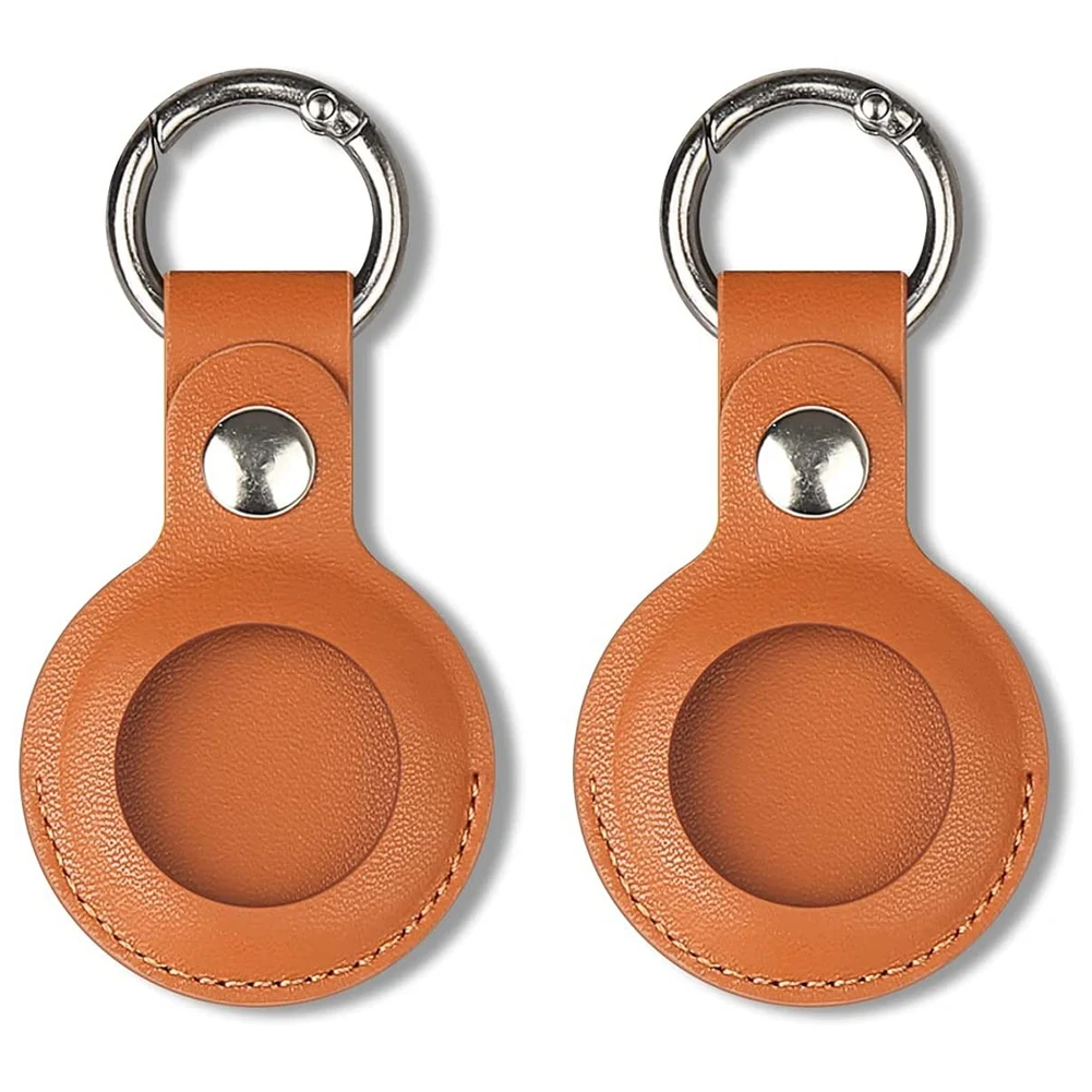 2Pcs Case Compatible for , PU Leather Skin Cover with Keychain Holder Key Ring for Air Tag Accessories Brown