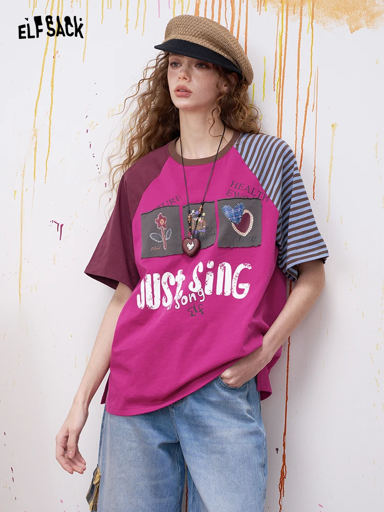 

Elfsack Women's Loose Short Sleeve T-Shirt Summer Casual Style Shoulder Insertion Color Block Print Cotton round Neck Top
