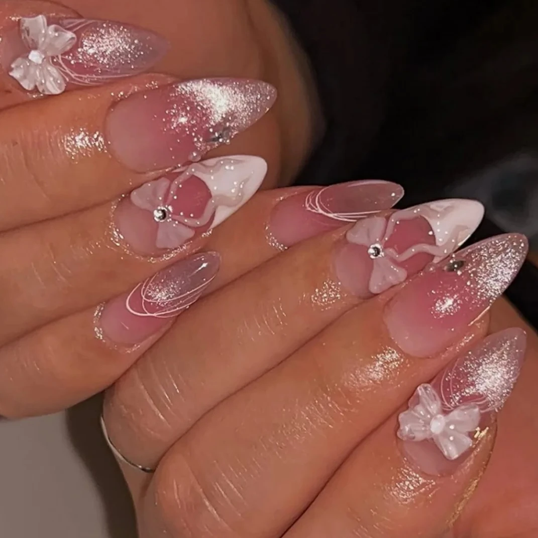 

White Bowknot Cat Eye Rhinestones Long Pointed False Nails Fake Nails Art Glitter Powder Almond Charms Press on Nails Manicure