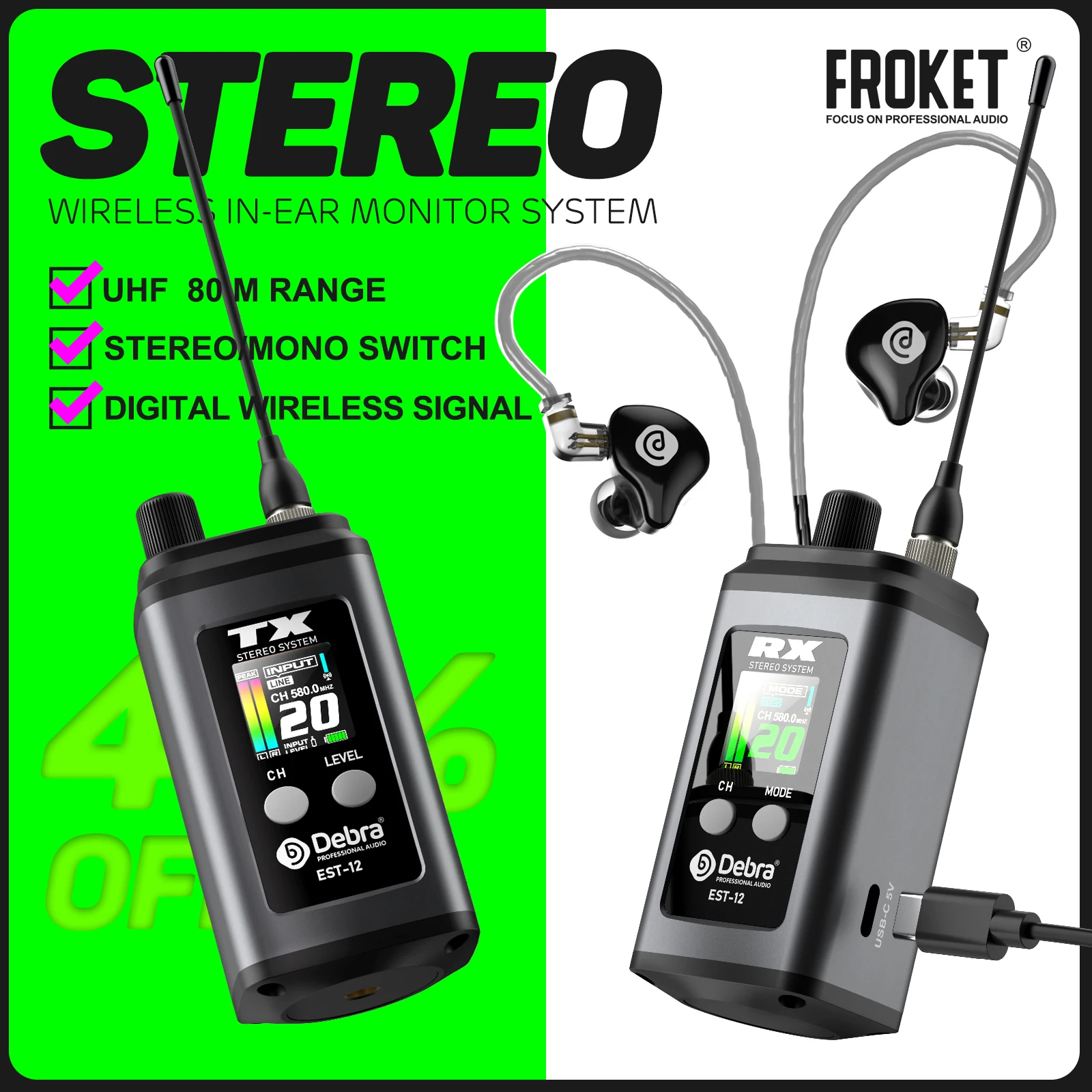 

Debra EST-12 Stereo UHF Wireless In-Ear Monitor System Dual-channel Portable Rechargeable 560~590MHz Monitoring System