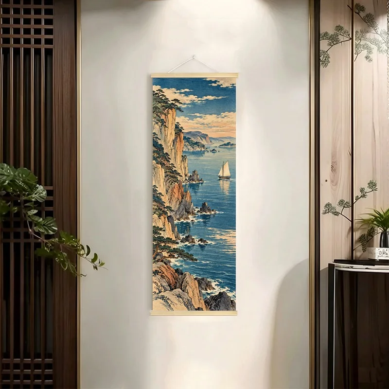 Japanese Ukiyo-e Hanging Scroll with Coastal Cliffs, Winding Blue Water and Sailing Boats in Scenic Style for a Living Room