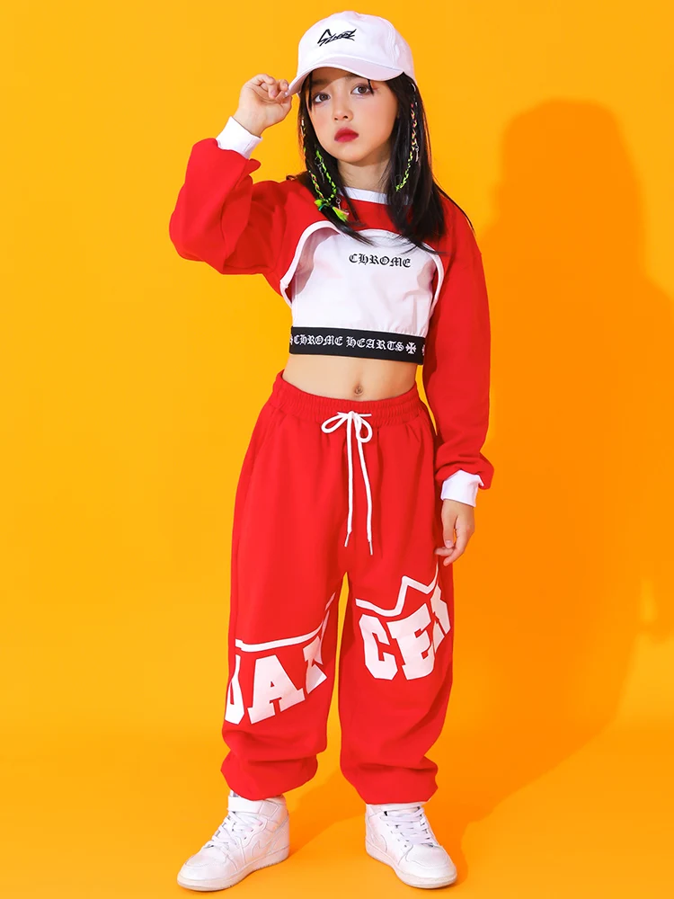 

Girls Red Crop Tops Loose Sweatpants Hip Hop Dance Clothes Navel Long Sleeves Jazz Performance Costume Rave Kpop Outfit BL9619