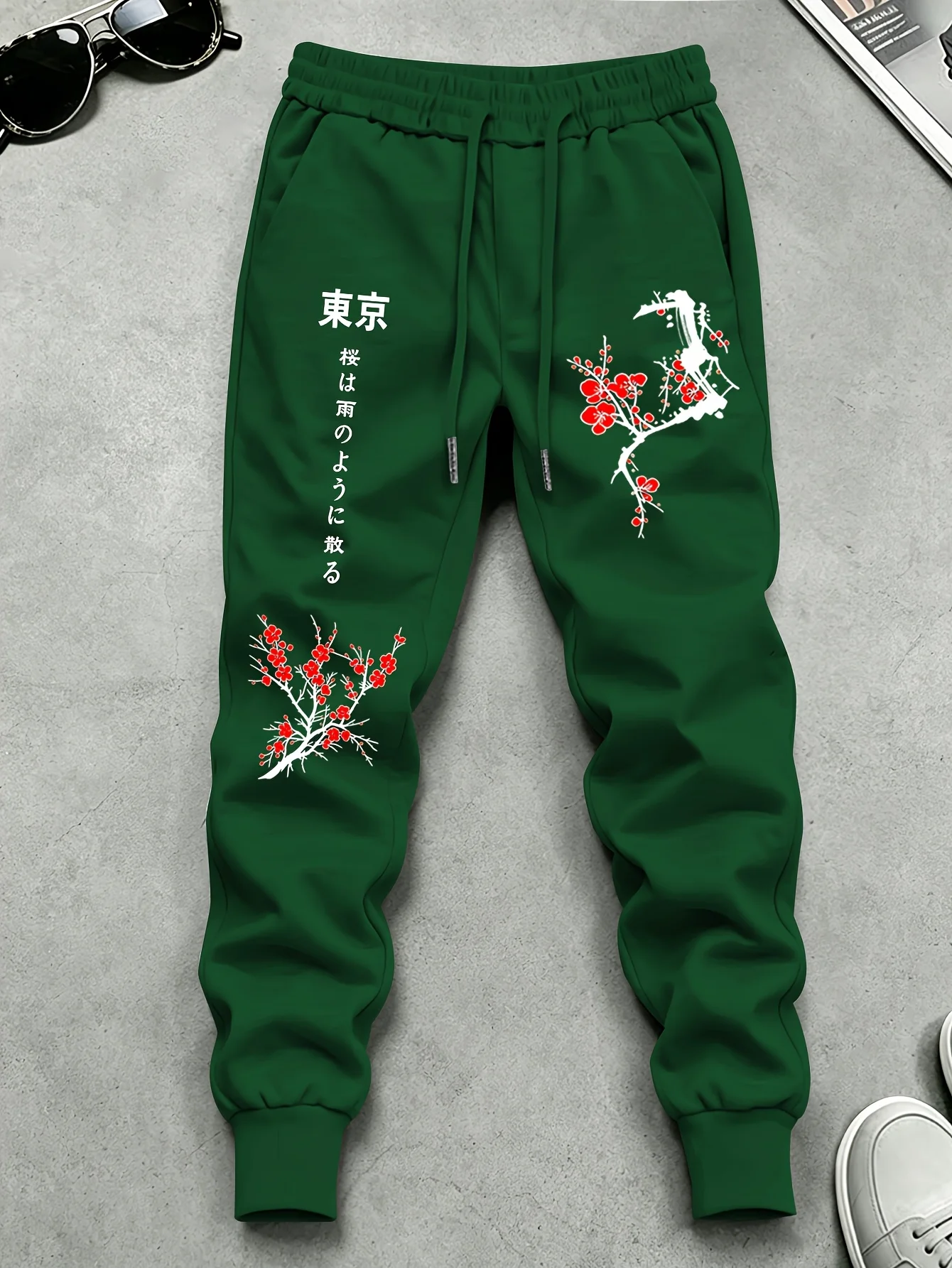 Japanese‑floral Men Sports Sweatpants Tokyo Letter Plum Blossom Art Print Fleece Jogger Pants For Urban Daily Hangouts