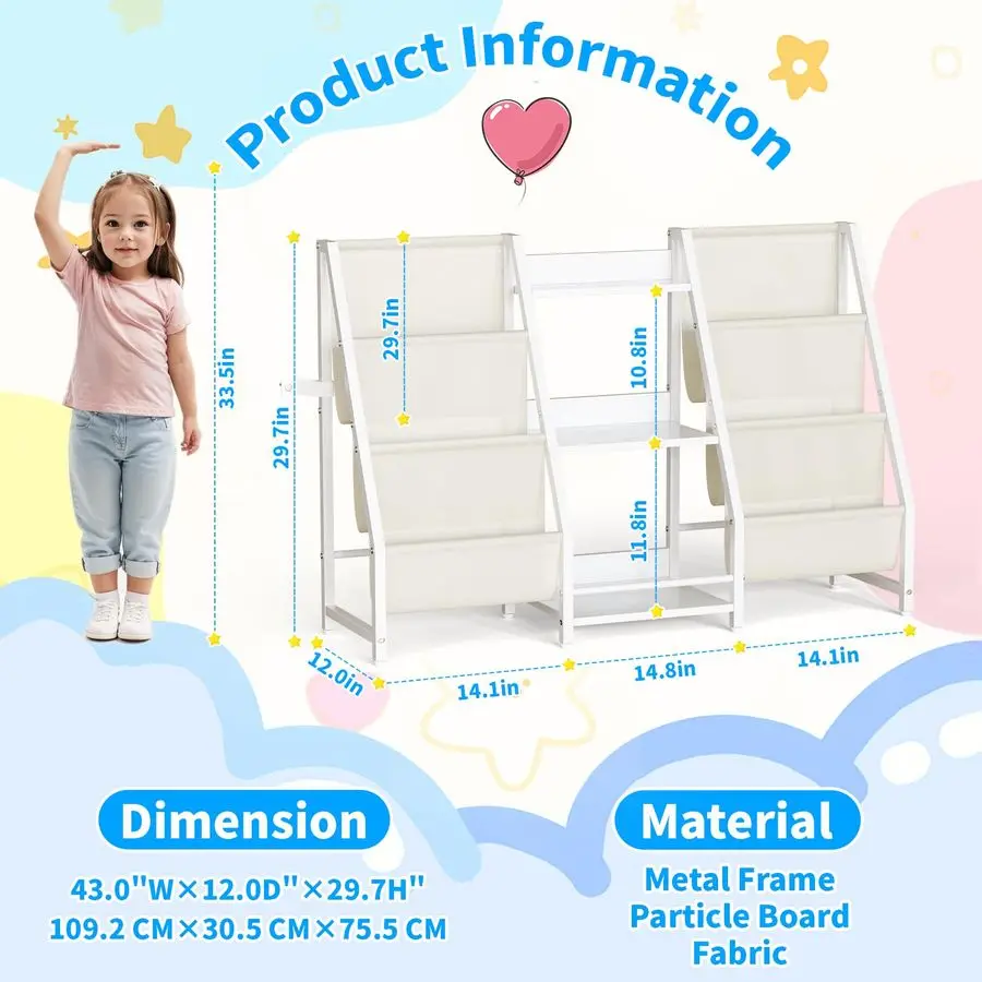 منظم تخزين ألعاب رف الكتب خزانة كتب للأطفال على الوجهين مع 3 طبقات، رف كتب أبيض للأطفال الصغار لغرفة النوم والحضانة وغرفة اللعب #2