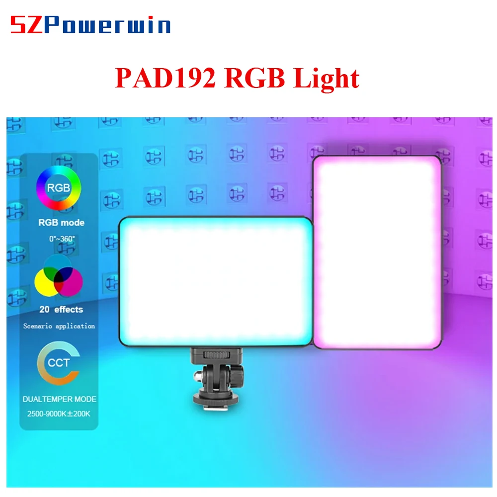 Powerwin 16W PAD192 RGB LED Panel Vloglite Video Light 120° Adjustment Photo Studio DSLR Camera Lighting Support NP-F Batteries