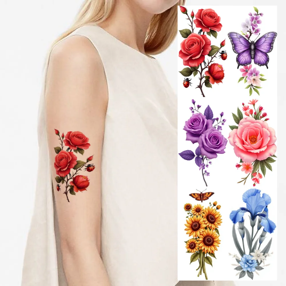 9pcs Temporary Tattoo Butterfly Colorful Temporary Tattoo Floral Patterns Waterproof Long-lasting Body Stickers For Male