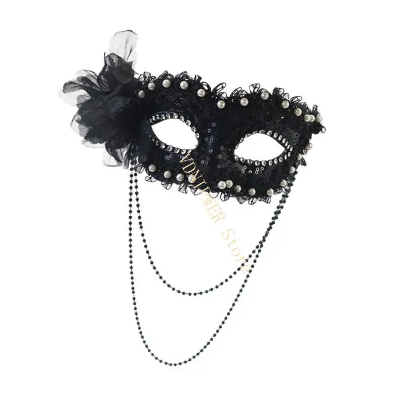 Elegante halfgelaatsmasker met imitatieparels en accenten Comfortabele plastic gezichtsbedekking Perfect voor themafeesten D08E