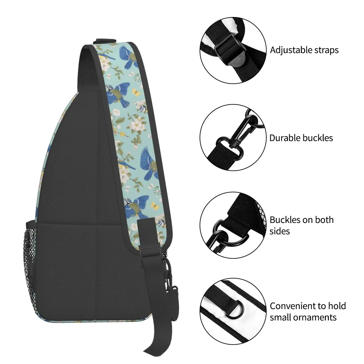 Uccelli e fiori Chinoiserie piccole borse a tracolla petto Crossbody spalla zaino sport all'aria aperta zaini blu tette borse da scuola