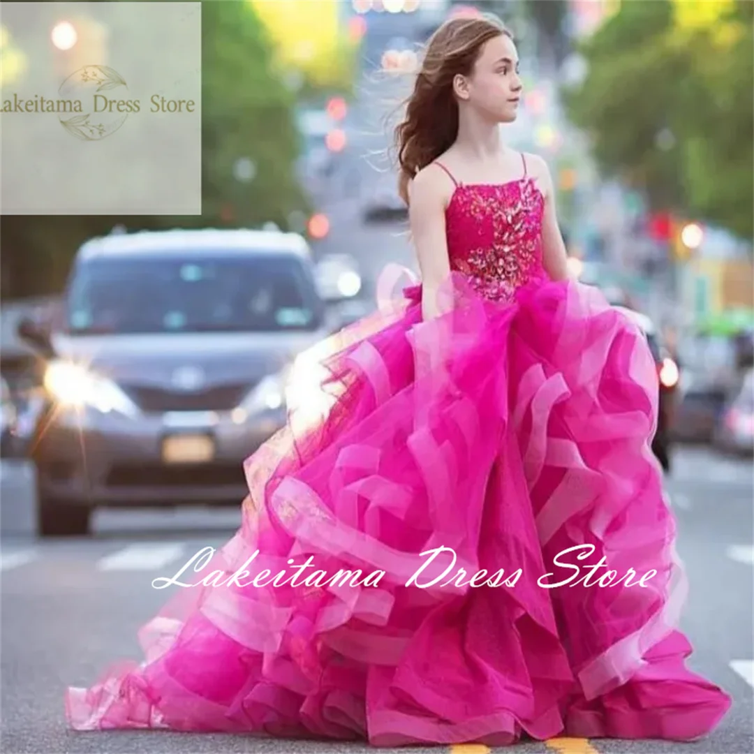 

Rose Red Flower Girl Dresses Tulle Puffy Tiered Appliques Sleeveless For Wedding Birthday Party Banquet Princess Gowns