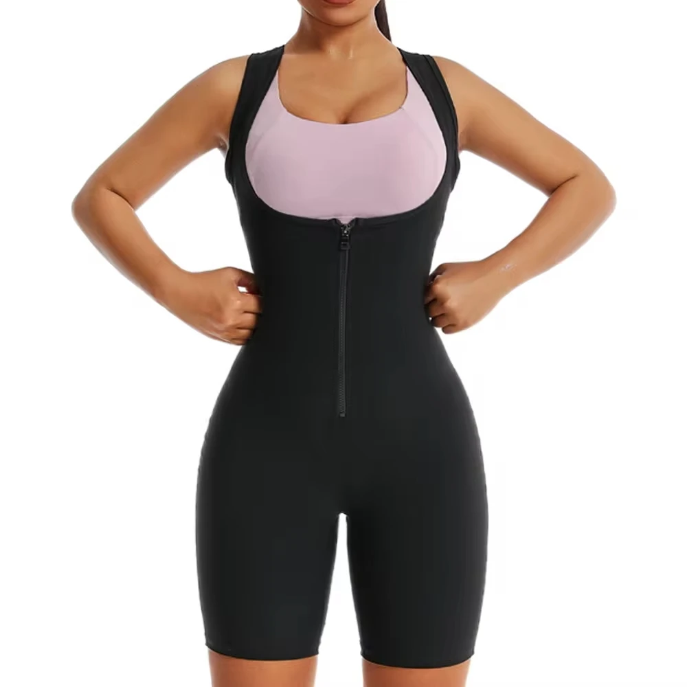 Women Sauna Sweat Bodysuit One Piece Zipper Jumpsuit Shapewear Waist Trainer Compression Slimming Tummy Body Shaper Shorts