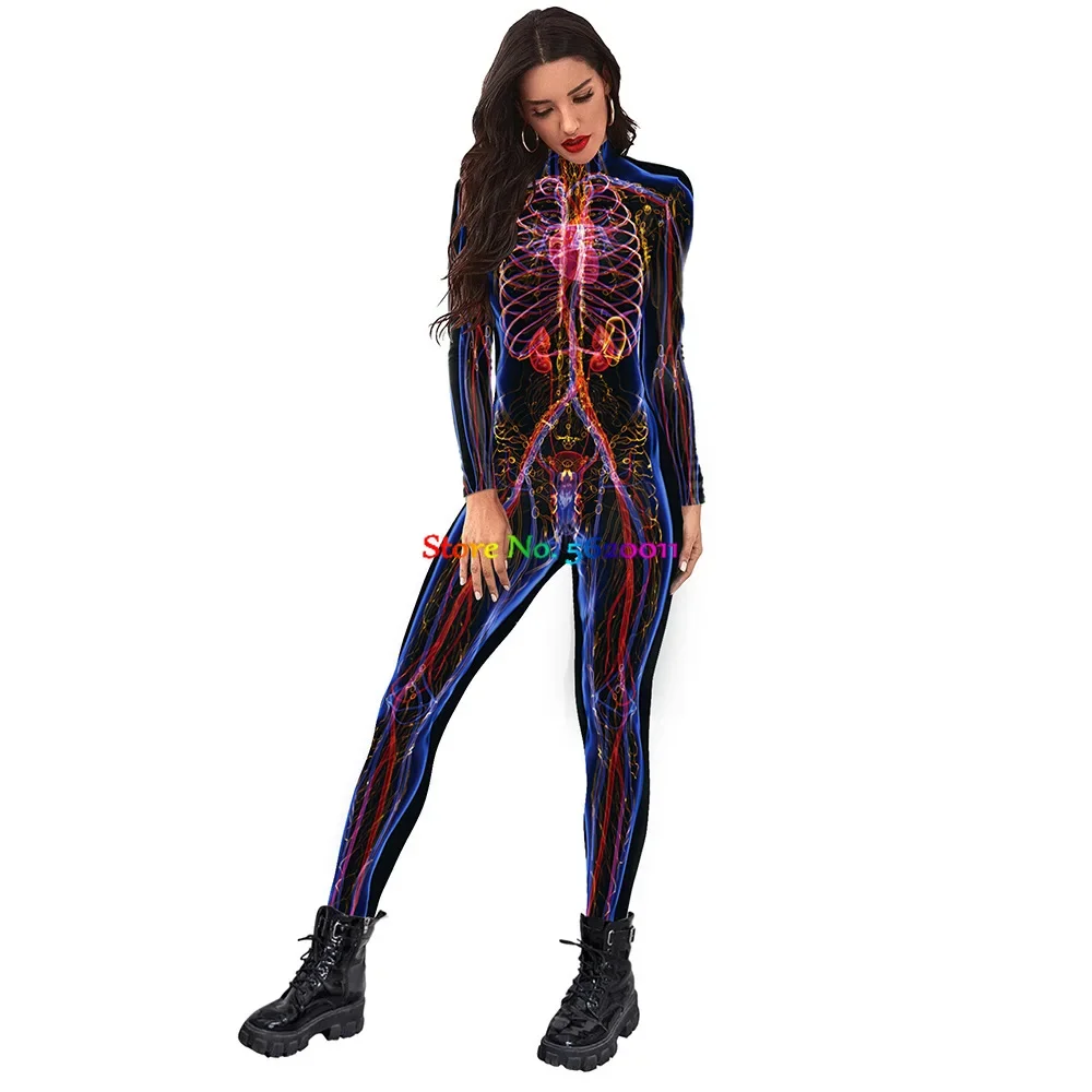 Frauen Männer Muskel menschlichen Körper Skelett Knochen Blume Schädel 3D-Druck verkleiden Overall Halloween Party Cosplay Kostüme Outfit