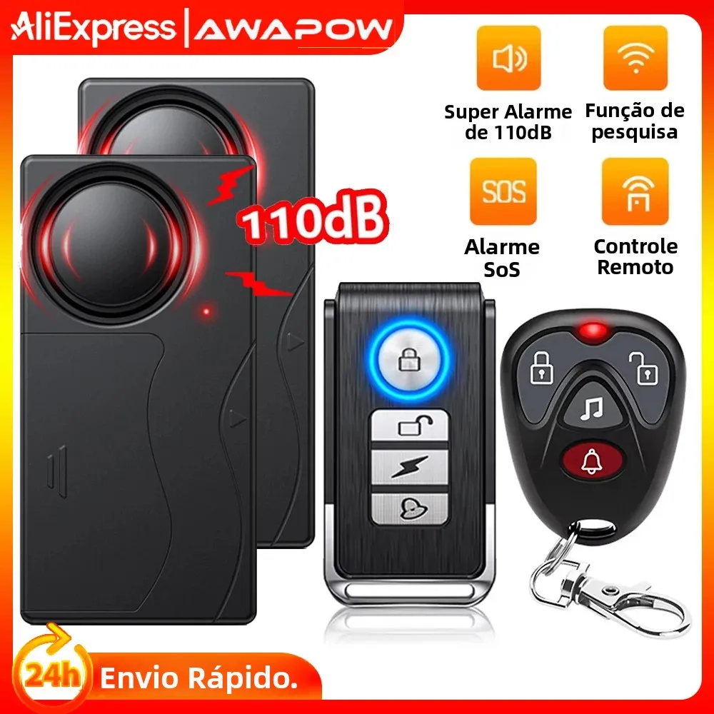 Alarme Antifurto Sem Fio Awapow para Bicicleta e Moto, Alarme para Portas e Janelas 110dB com Controle Remoto para Segurança Residencial e de Bicicletas