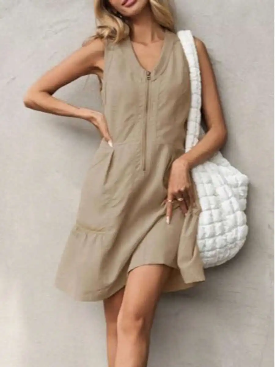 

Womens Sleeveless V Neck Half Zip Mini Dress With Pockets Casual Mesh Back Summer Dress