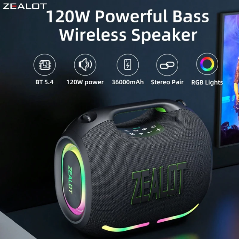 

ZEALOT ZE01 120W Wireless Speaker With Carry Handle,EQ Mode, RGB Light,TWS Dual Pairing, Fast Charging, 24000mAh Power bank.