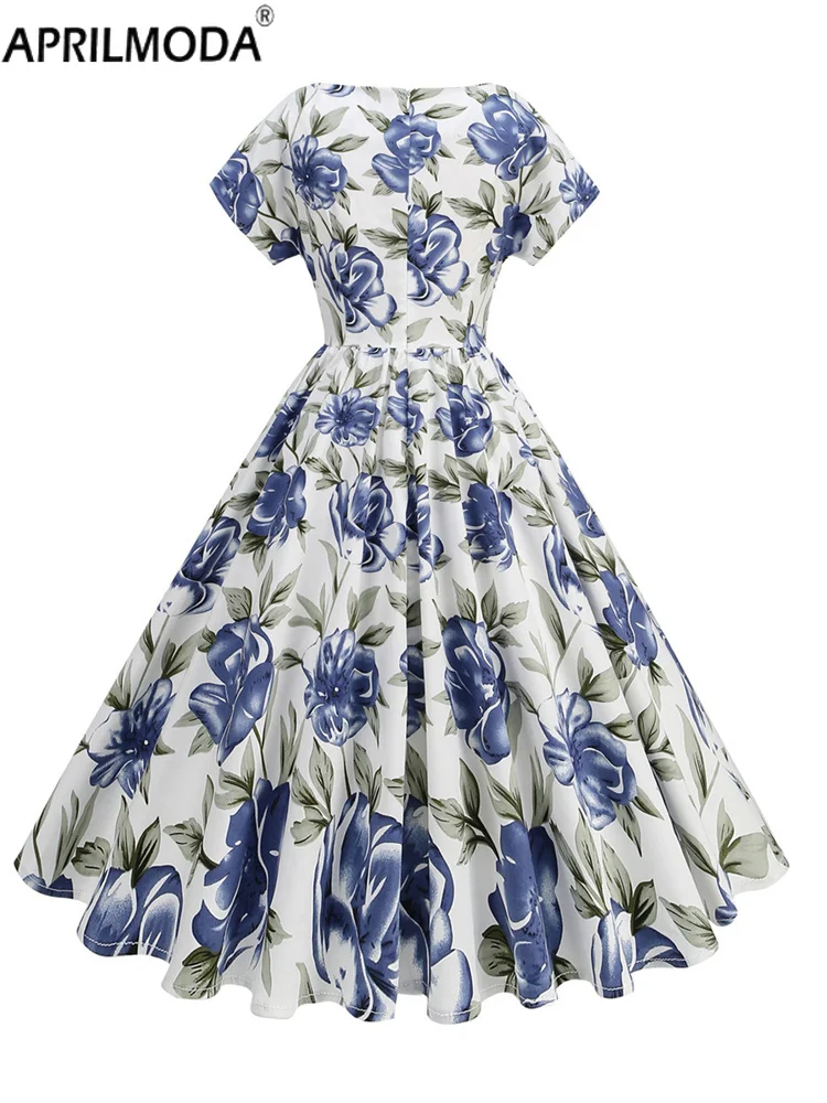 50er Jahre Blumendruck Vintage Sommer Freizeitkleid mit Gürtel Elegant Kurzarm Urlaub Strand Midi Lange Runway Kleider Abendkleider