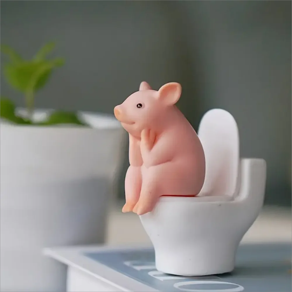 Cute Pig Figurine on The Toilet - a Whimsical Bathroom Desk Decoration That Relieves Stress And Serves As an Exquisite Ornament