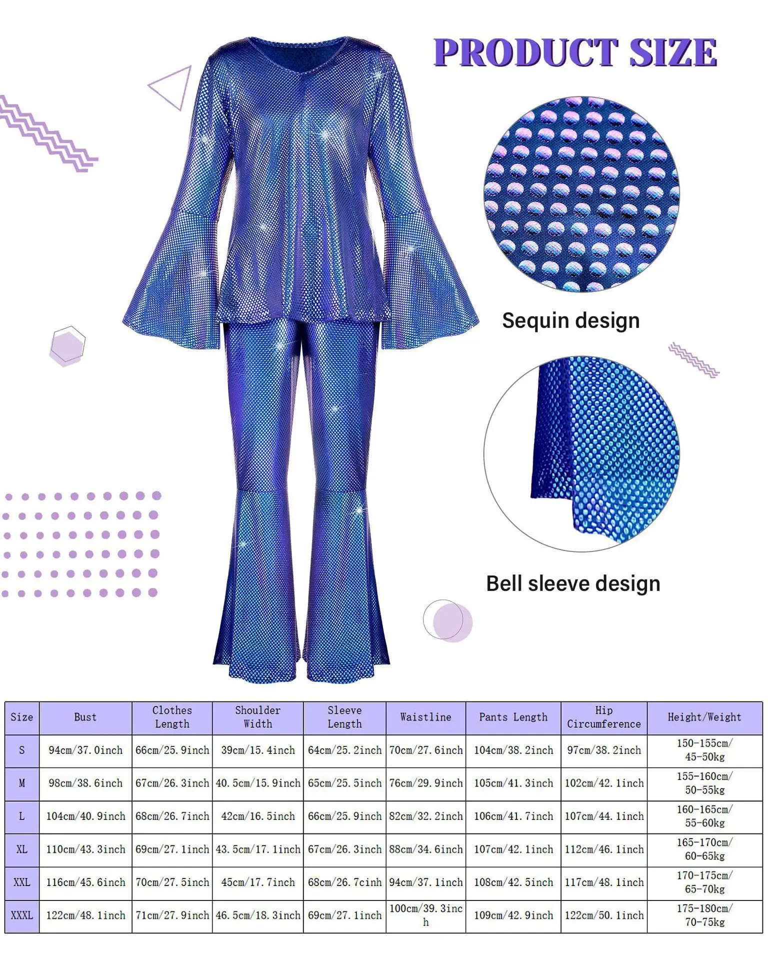 Déguisement Disco Années 70 Femme Complet – Haut, Pantalon, Lunettes, Bijoux et Perruque – photo 1