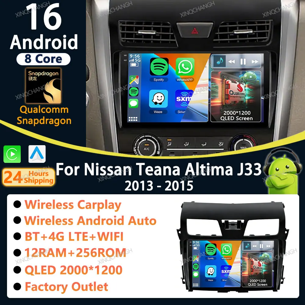 Android 16 Car Radio Carplay Auto For Nissan Teana Altima J33 2013 2014 2015 Head Unit QLED GPS 4G WIFI 2DIN BT Qualcomm BT GPS