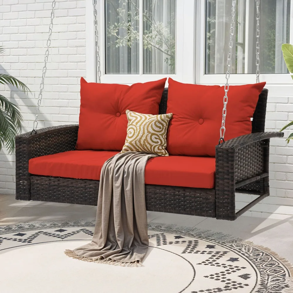 

2 Seat Hanging Chair Wicker Patio Swing Waterproof Indoor Outdoor Soft Cushion