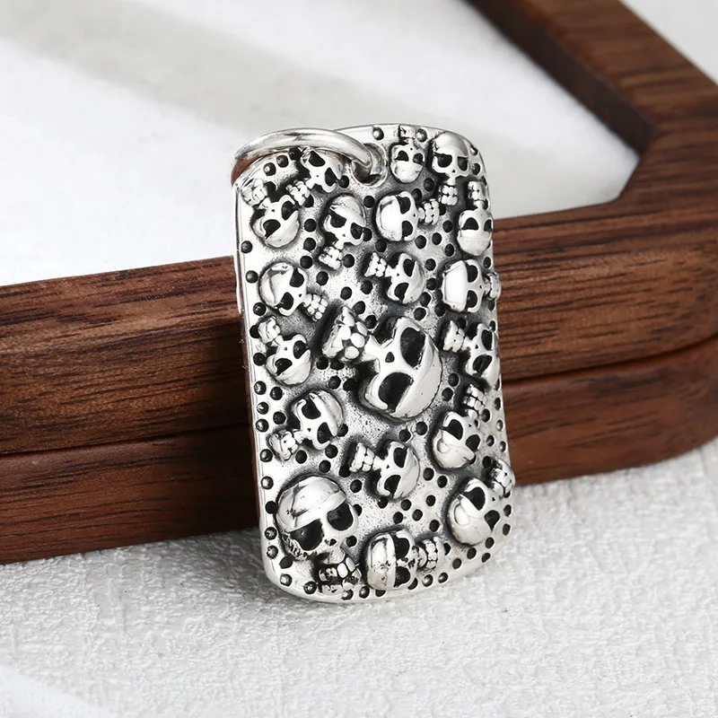 S925 Sterling Silver Skull Pendant Black Color Dog Tag Old Process Unisex Fine Jewelry FYNE340