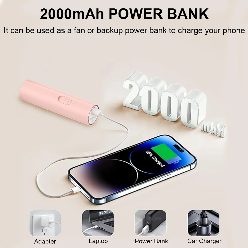 Portable Fan Mini Handheld Fan USB Rechargeable Fan Hand Held Small Pocket Fan with 2000mAh Power Bank 2 Gears Wind Speeds