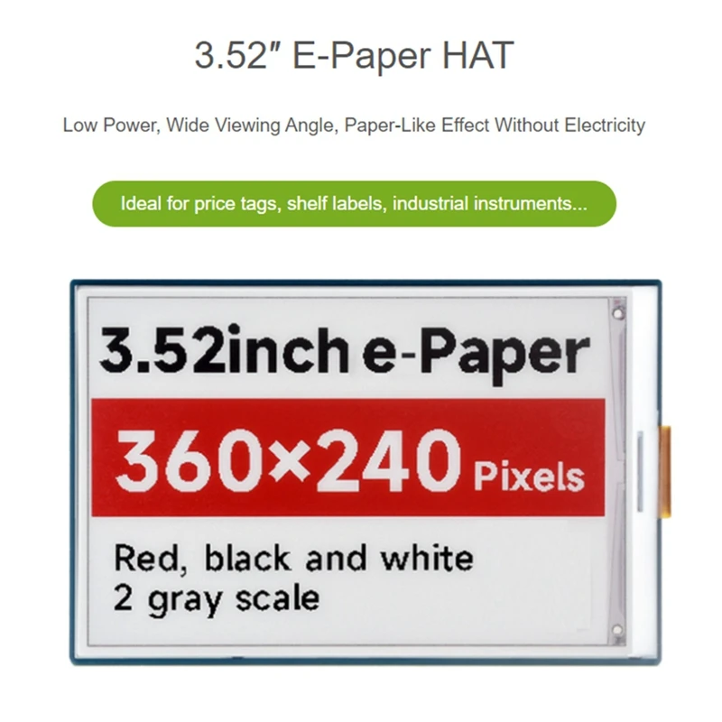 3,52 inch E-Paper HOED, 360 x 240, SPI-interface ideaal voor prijskaartjes, planklabels, industriële instrumenten