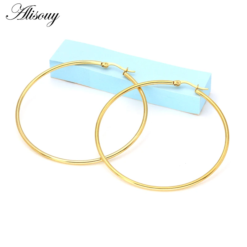 Alisouy 2PCS 15-75mm Hoop Earrings for Women Classice Round Gold Color Circle Women Jewelry Accessory Punk Brincos Pendientes image 4