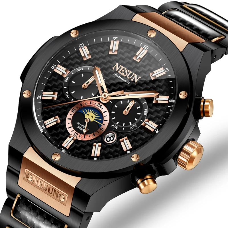 NESUN men's automatic mechanical watch, luminous fashion skeleton flywheel men's watch, calendar and day function