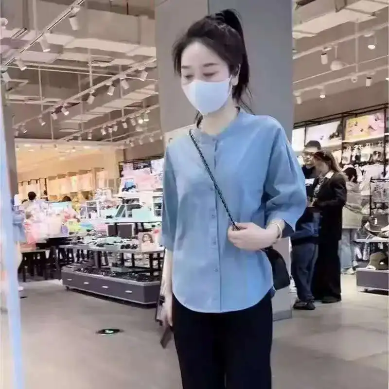 

Casual Summer 2025 Loose Fit Color Shirt mid Sleeve Fashionable Anti-Aging Slimming Versatile Pure Color Top