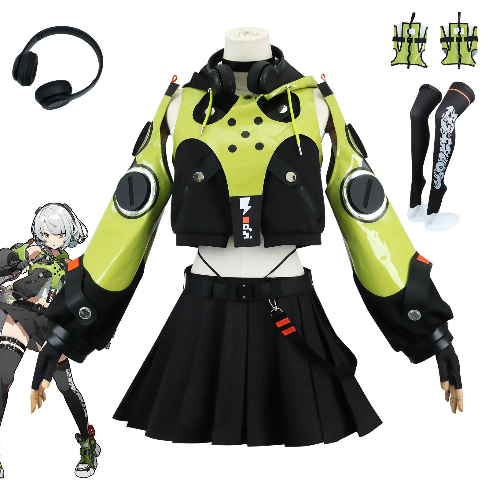 Zenless Zone Zero Anby Demara Cosplay Kostüm Perücke Spiel Uniform Kopfhörer Requisiten Strumpf List Hasen Halloween Party für Frauen