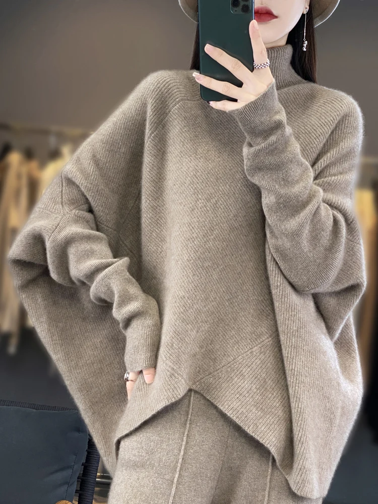 

100% Merino Wool Sweater Women HighNeck Pullover Knitwear Bat Sleeve Fashion Irregular Female Autumn Winter Cashmere Top Clothes