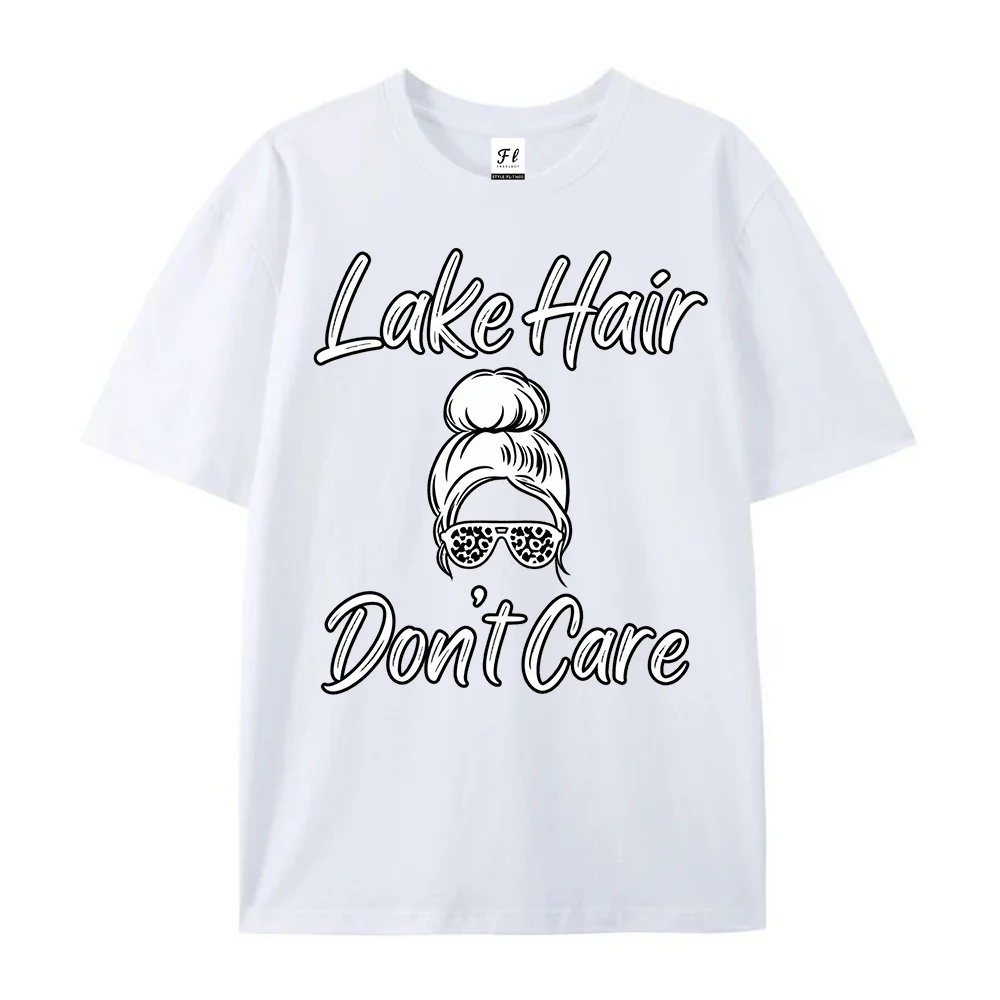 Womens Lake Hair Graphic T Shirts Bun Girl Letter Print Short Sleeve Casual Summer Cotton Tee Tops