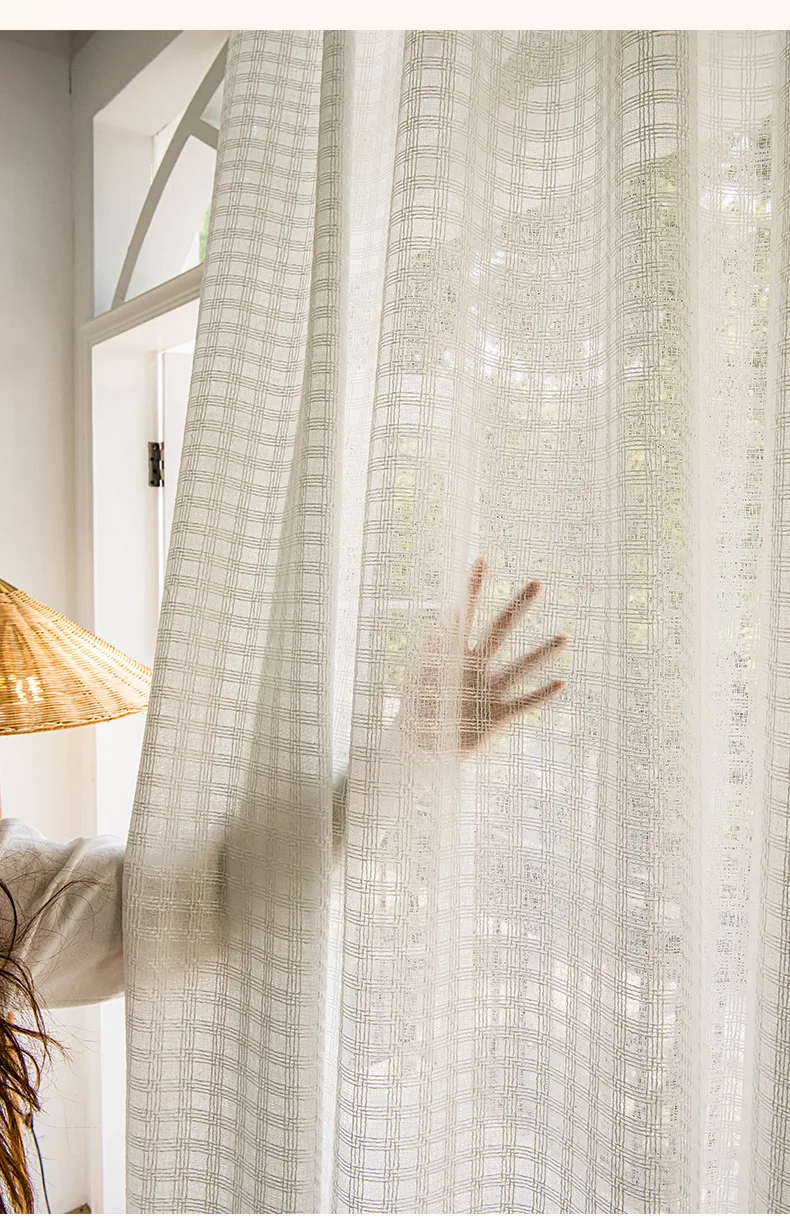 Japanische einfache Sonnencreme Milch Tee karierte Baumwolle Leinen Tüll Vorhänge für Wohnzimmer Esszimmer Schlafzimmer benutzerdefinierte Größe Dekor Vorhänge – Detail 13