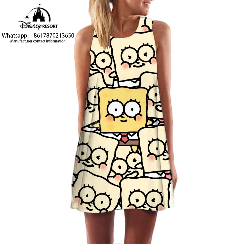 Casual Comfortable Dress SpongeBob Cartoon Dress 3D Cartoon Print Women's Sleeveless Dress Summer 2024 New Style