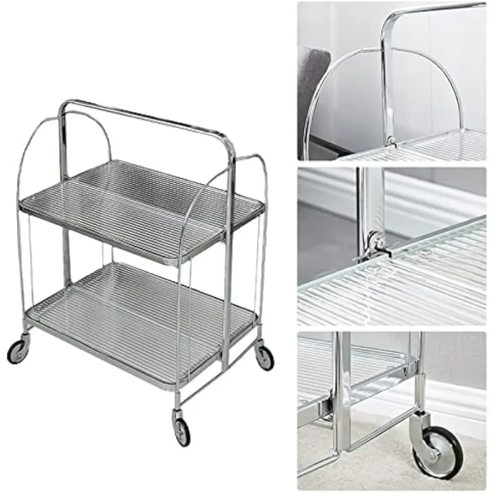 2-Tier Foldable Storage Serving Cart, Restaurant Rolling Serving Cart W/ Wheels for Bar Restaurant Dining Room Living Room