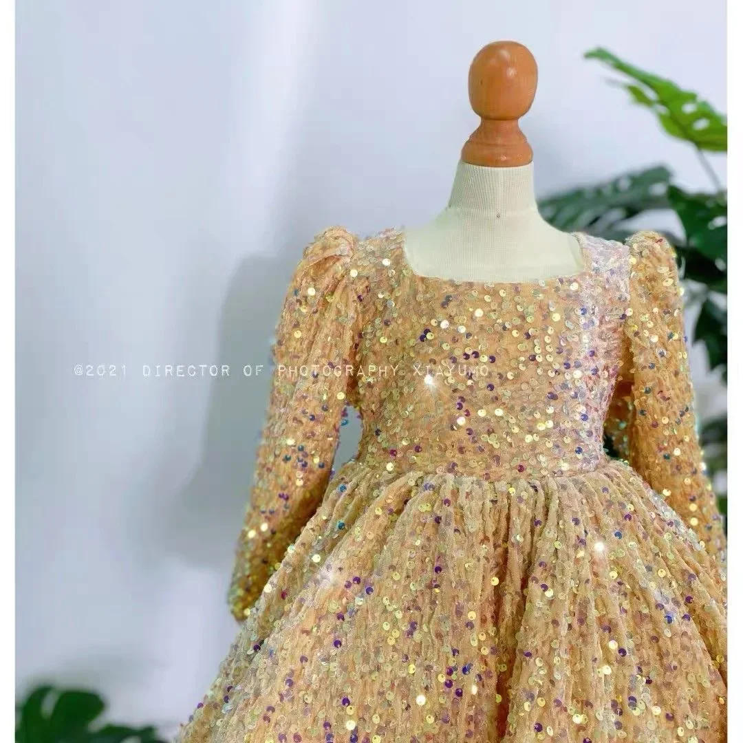 Newborn Christening Baby Girl Dresses Clothes Golden Lace Sequin Tulle Princess Dress Party Wedding Baptism 1st Birthday Vestido