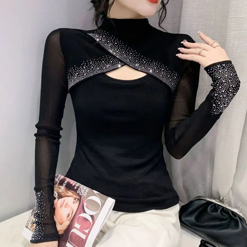 Women's Clothing Undercoat Korean Fashion Slim Solid Color Hollow Out Diamonds Half Height Collar Long Sleeve Pullovers T-Shirts