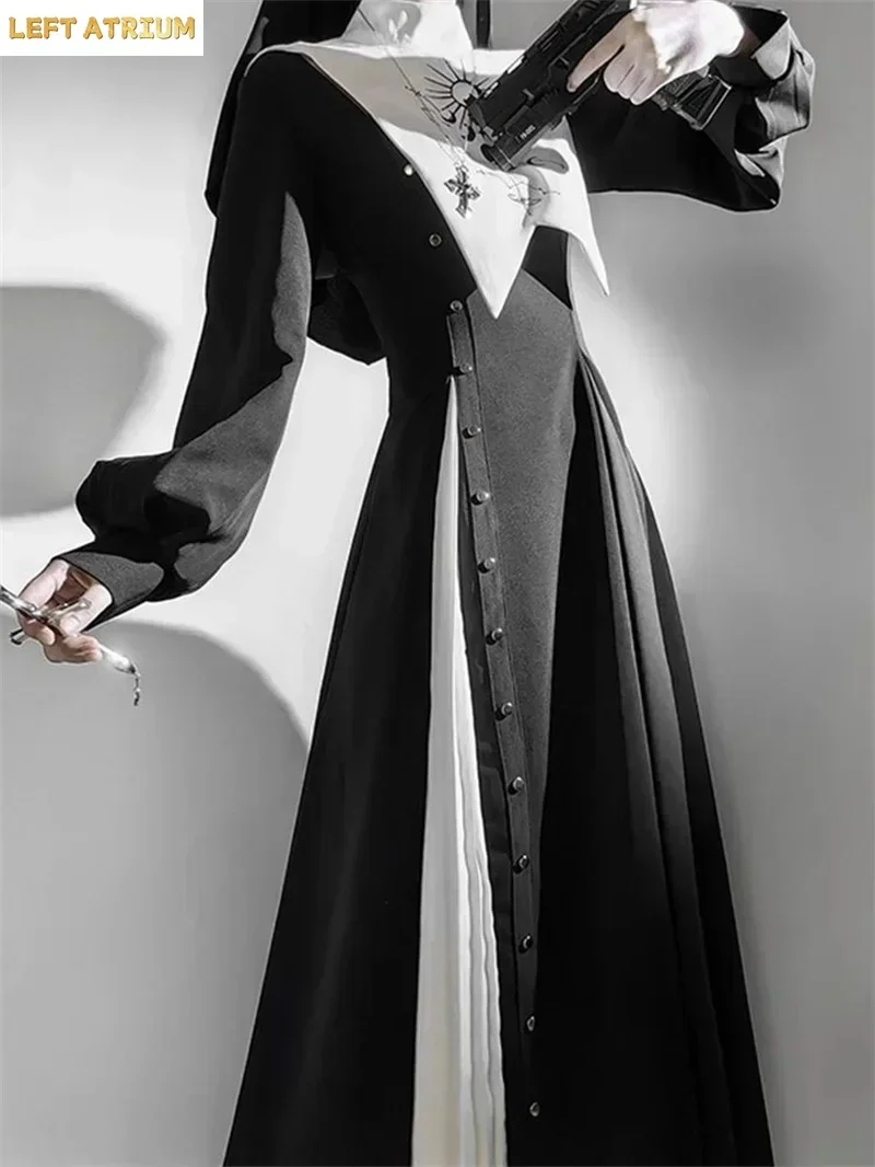

2025 new Halloween Costume Cosplay Set Long Sleeved Nun Dress Black and White Nun Lolita Dark Gothic Dress