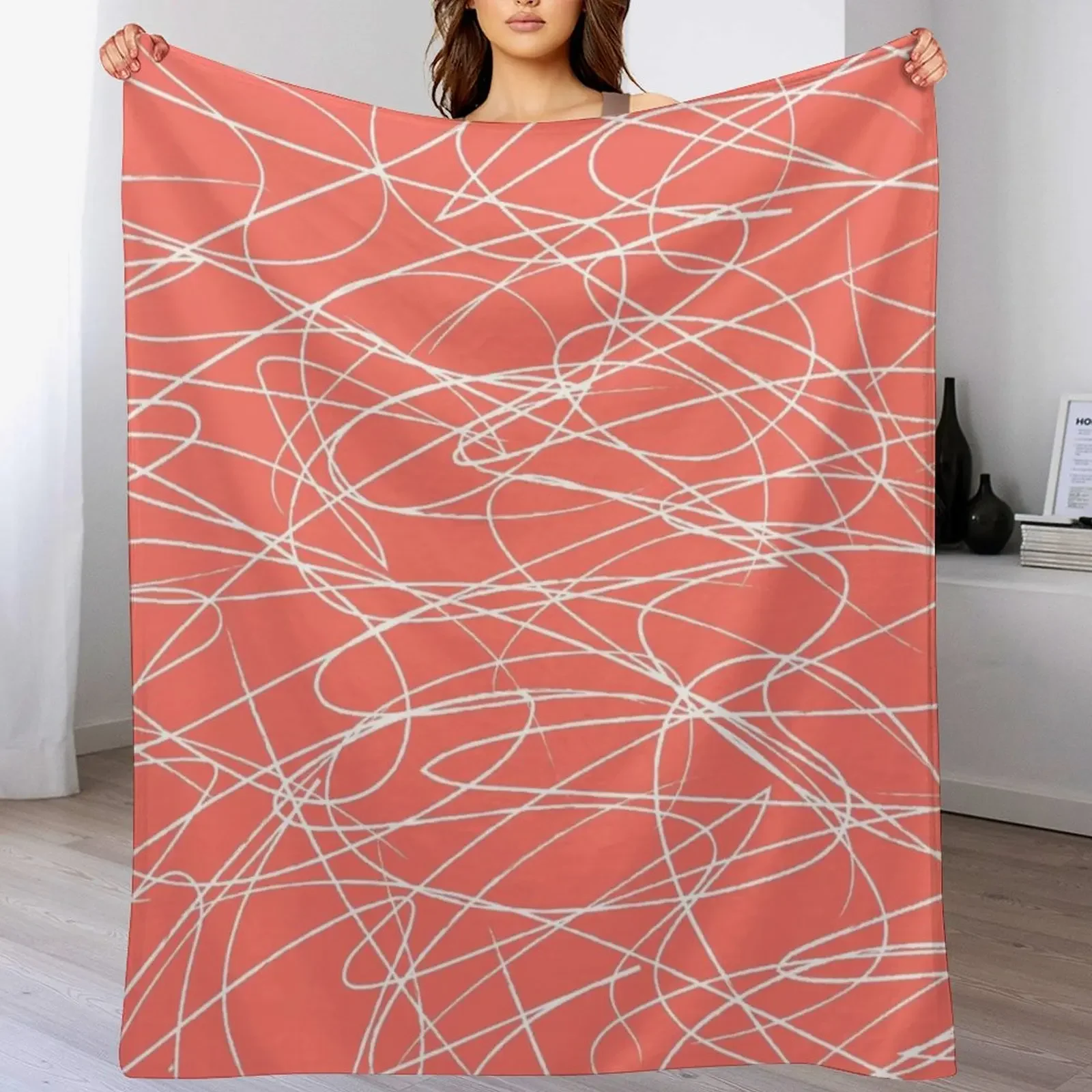 Hand Drawn Scribbles (Living Coral and White) Throw Blanket Wrinkle Resistant Lightweight Blanket