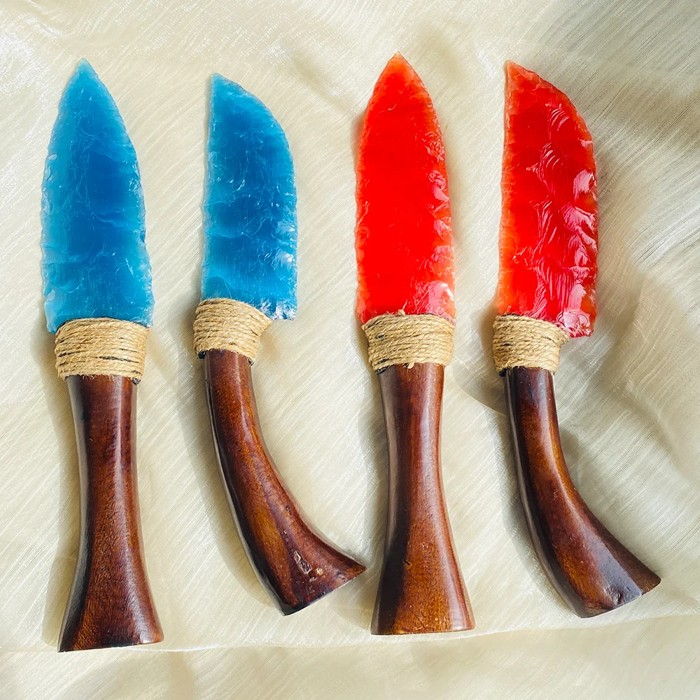Handcrafted Blue & Red Cat Eye Crystal Knife 1pc with Wooden Handle Unique Raw Uncut Stone Home Decor Versatile Indoor Outdoor view 3