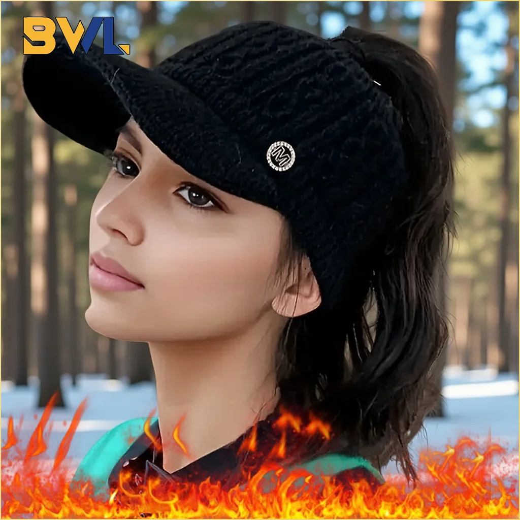 Gorro con orejeras de punto para mujer, gorra de béisbol cálida a la moda con visera a prueba de viento para deportes al aire libre, gorro con cola de caballo, accesorio de invierno