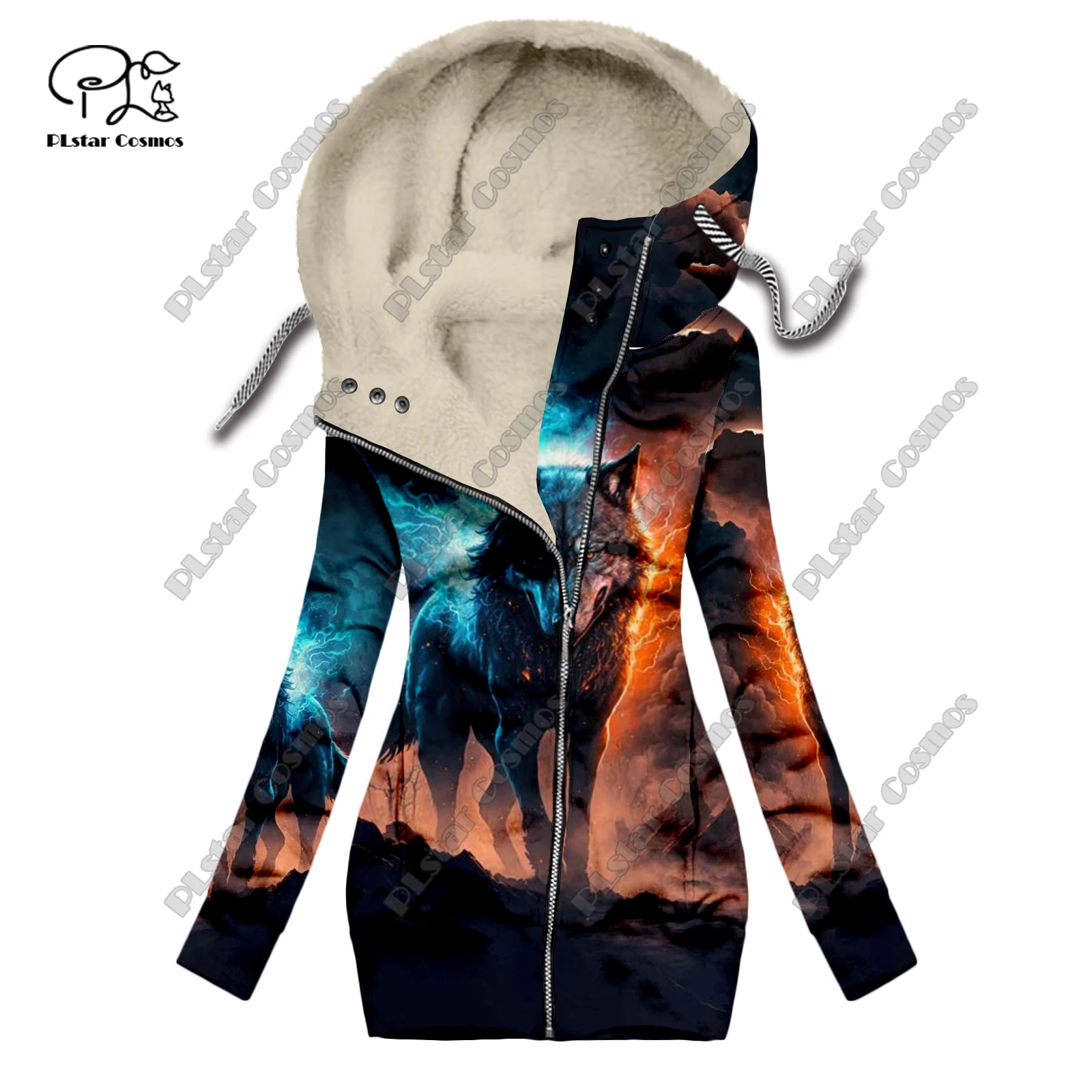 New 3D printed animal series wolf pattern velvet warm women's long zipper hoodie jacket commuting casual winter L-1