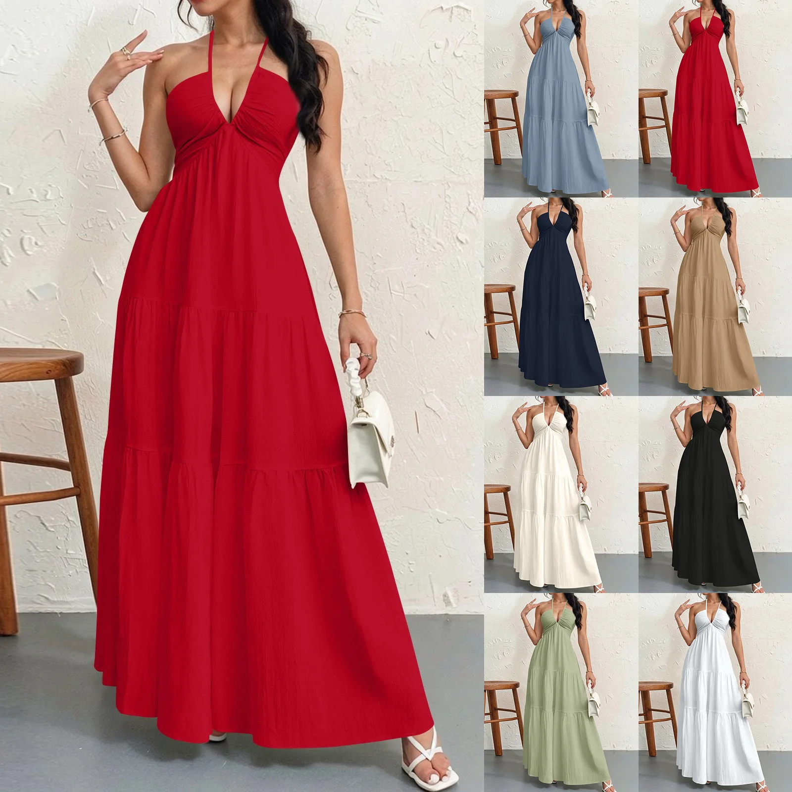 

2026 New Summer Women's Halter Neck Dress Romantic Backless V Neck White Pleated A Line Ankle Length Dress For Beach Vacation