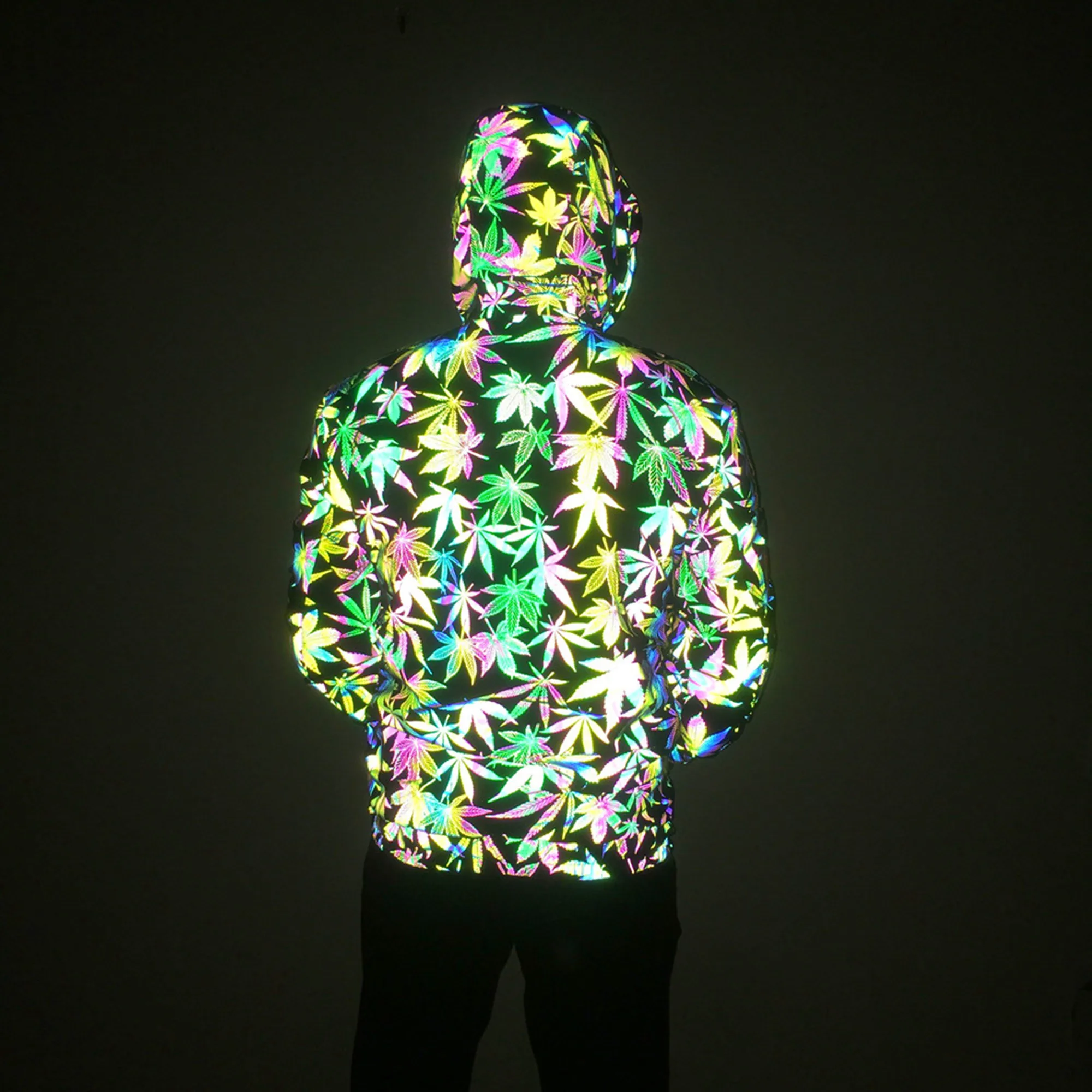 Unisex Holographic Men’s Geometric Reflective “Leaf Pattern” Jacket Reflect Light Casual Coats