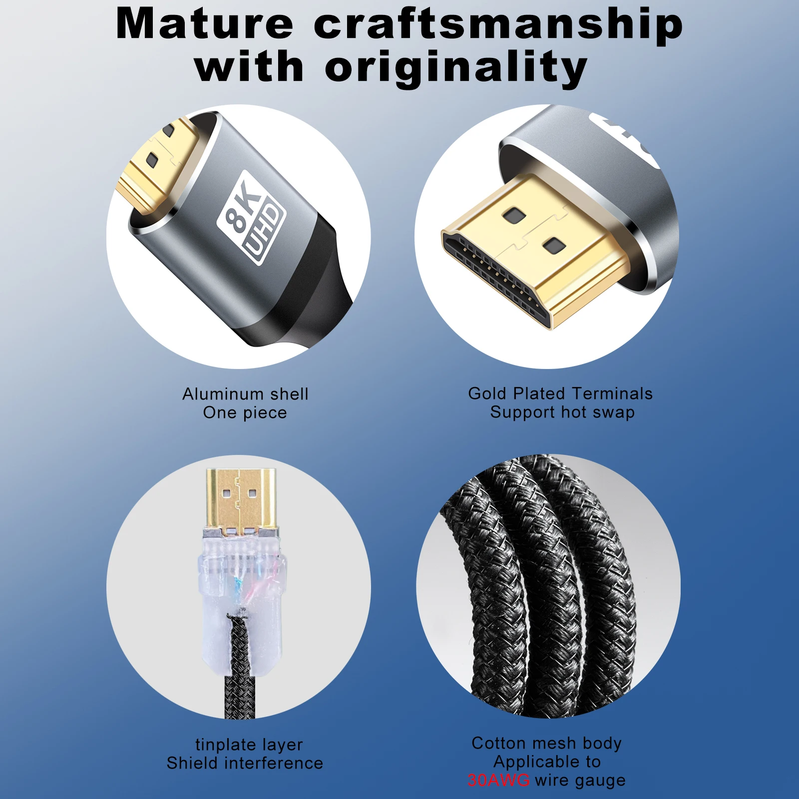 

8K 60Hz HDMI to HDMI Cable Braided Male to Male Bi-Directional HDMI-compatible 2.1 Cord 48Gbps ARC HDR HDCP for PS5 Xbox Monitor