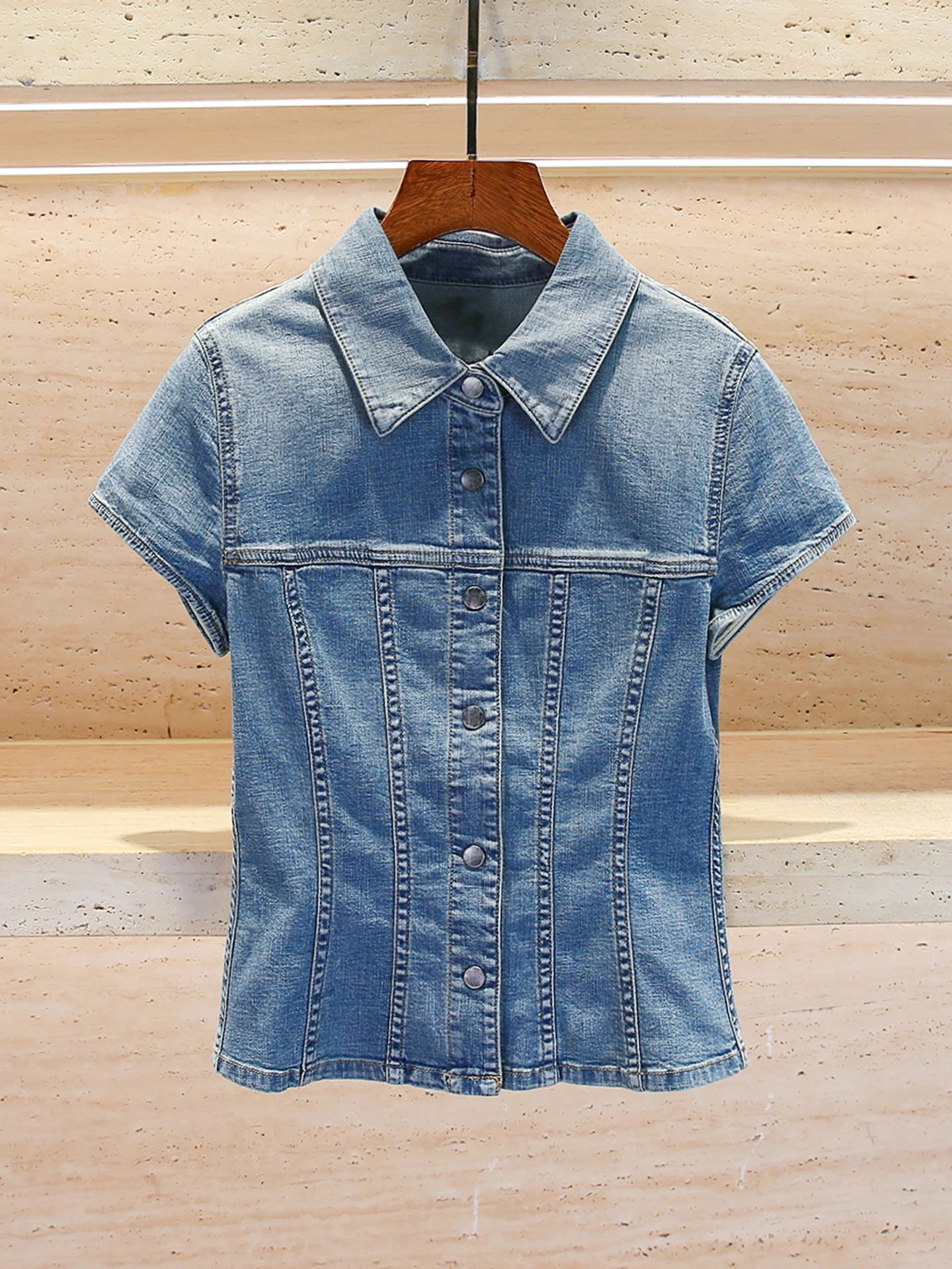 

Высококачественные женские джинсы irt Casual Waed Sle ort Sve с отложным воротником Pure Color Commute Faion Regular Thin