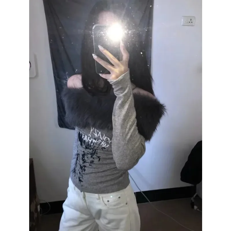 Japanese Y2k Anime Print Tank Top Vintage Fur Collar Off Shoulder Slim Crop Tops Streetwear Autumn  Long Sleeve Christmas Tees