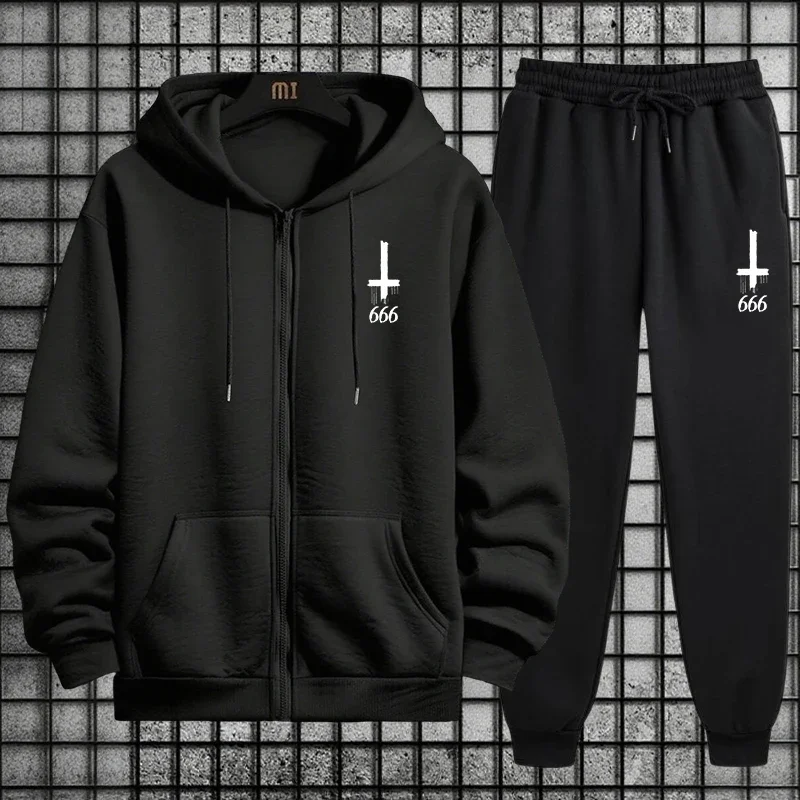 

Satanic 666 Inverted Cross Symbol Mens 2 Piece Lounge Set 2025 New Zipper Hoodie Sweatpants Autumn Winter Casual Jogging Suit